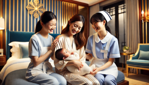 happy mum and baby with 2 nurses