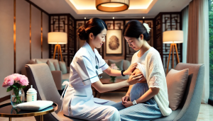 護士為母親提供專業的乳房護理與哺乳指導，母親舒適地坐在椅子上。