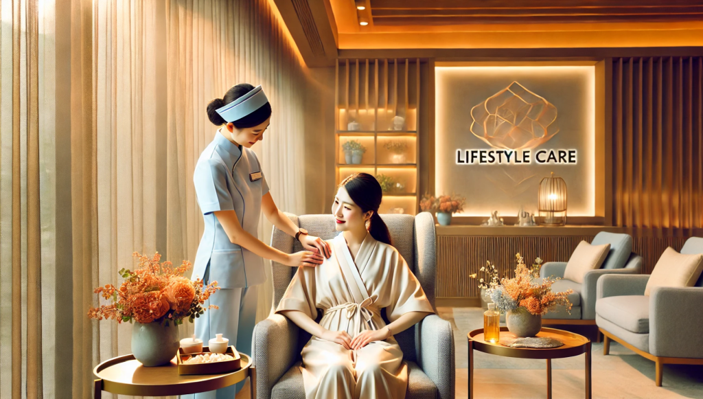 月子中心生活護理服務場景，一名護士為一位母親提供貼心照顧。